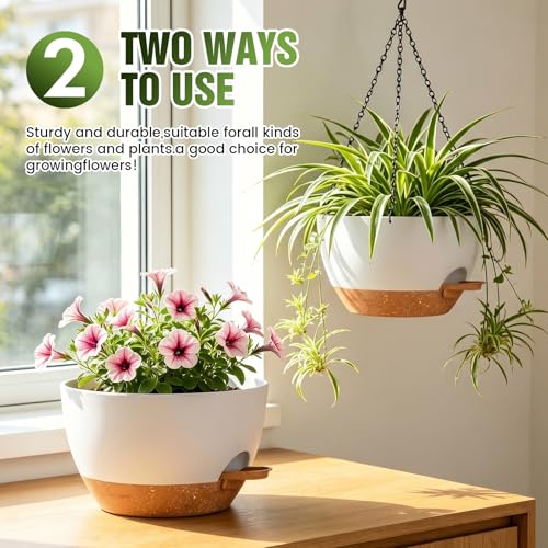 12 Inch Large Self Watering Hanging Planters 2 Pack with Saucers - color: White Brown, size: 12 Inch 2 Pack