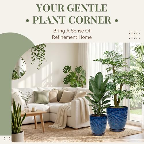 9.5 Inch Modern Ceramic Plant Pot with Saucer, Flower Pot with Drainage Hole Mesh Net,Indoor Outdoor Planter (Speckle Blue) - color: Peacock Blue, size: 9.5 Inch