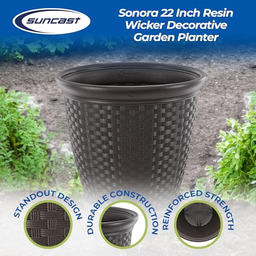 Suncast 2 Pack Sonora 22 Inch Plastic Wicker Indoor or Outdoor Decorative Garden Flower Planter for Entryways, Porch, and Backyard Patios, Dark Brown - size: 2 Pack
