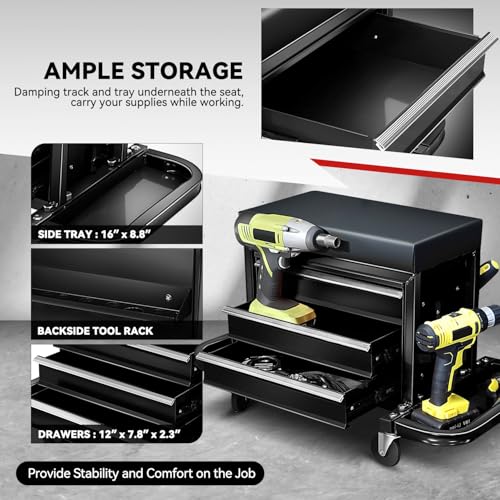 Auto Dynasty Mechanic Rolling Seat, 3-Drawer w/Tool Tray, 350LBS, Black - color: Black