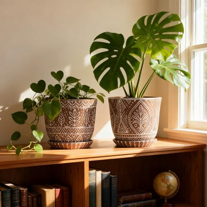 Gepege Ceramic Plant Pots, 6 Inch Indoor Planters with Drainage & Saucers - color: Brown-b, size: 6 Inch - Set of 2