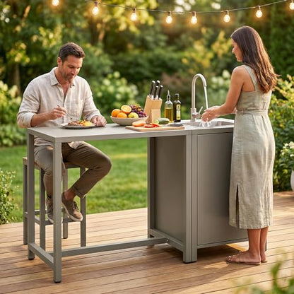 Wisteria Lane Outdoor Storage Cabinet with Stainless Steel Sink, Aluminum Modular Outdoor Kitchen, All Wheather Kitchen Island with Storage, Patio Bar Table for BBQ, Porch，Backyard - size: Sink Cabinete + Bar Table Cabinet