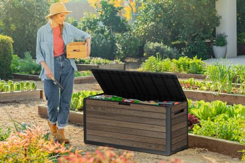 Keter Premium Everwood 71 Gal Outdoor Storage Box and Patio Side Table - color: Walnut, size: Medium