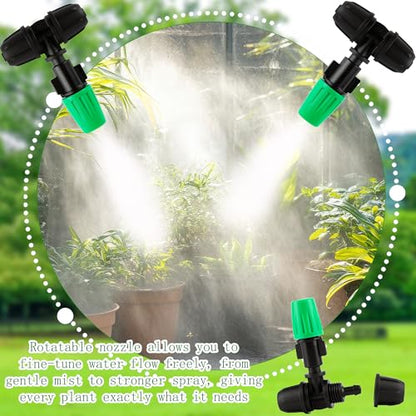 80 Pcs Drip Irrigation Fittings Misting Emitters for 1/4 Inch Irrigation Tubing 3 Way Tee Atomizing Nozzle Kit Micro Spray Parts Adjustable Watering System Garden