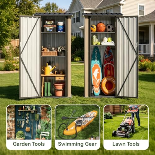Aoxun Outdoor Storage Shed with Floor - Vertical Cabinet, 3x3 FT Metal Shed with 2 Adjustable Shelves & Lockable Doors Waterproof Tools Shed for Backyard, Garden, Patio, Lawn (Brown) - size: 3' x 3'