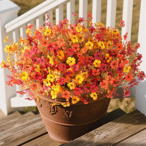 ADXORA 12 Bundles Fake Artificial Mums Fall Flowers for Outdoor Decoration - color: A2-orange, Autumn Red, Yellow
