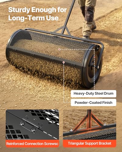 VEVOR Compost Spreader, 44" Wide Peat Moss Spreader with Push/Tow Handle, 4 Heights Adjustable, Powder-Coated Steel Garden Peat Moss Roller, Heavy Duty Grass Seed R - style: 44in