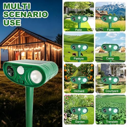 Solar Ultrasonic Animal Repellent, Cat Repellent Outdoor with Motion Sensor,Sound and LED Flashing,Waterproof Deer Repeller,Squirrel Repellent for Dog Bird,Deer Raccoon Repellent for Pasture B