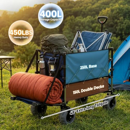Romswi Heavy Duty Double Decker Wagon 9" Wide Big Wheels, 450LBS Capacity, 48" Extender,400L Large Foldable Wagon Cart, Adjustable Handle, All-Terrain Cart for Beach,Camping,Garden,Navy Blue