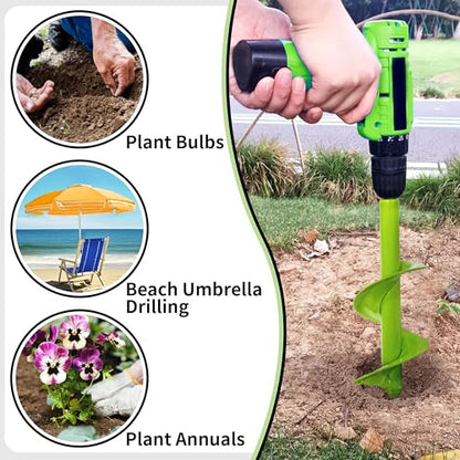 TCBWFY 4"x12" Auger Drill Bit for Planting and Digging Holes, Garden Plant Flower Bulb Rapid Bulb Planter Earth Auger Bit Post or Umbrella Hole Digger for 3/8" Hex Drive Drill - size: 4"x12"-Green
