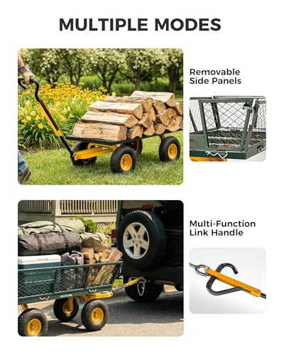 900 Lbs Heavy Duty Steel Garden Cart, Outdoor Metal Garden Wagon On Wheels, Utility Yard Cart with Mesh Removable Sides(Convert to Flatbed) and Removable Handle to Wheel Barrow, Green - color: Light Green