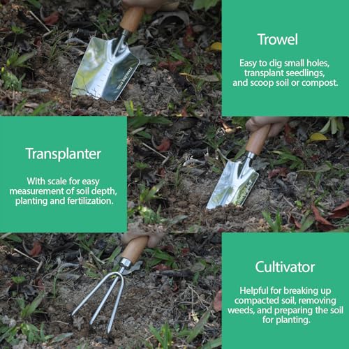 LeMotech Garden Tool Set, 3Pcs Stainless Steel Heavy Duty Gardening Kit Including Trowel Transplanter Cultivator Gardening Hand Tools with Handle, Planting Tool for Women Men - style: 3PC(Trowel&Transplanter&Cultivator)