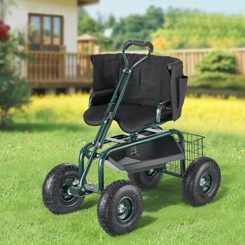 VEVOR Garden Seat with Wheels, Rolling Garden Stool with Height Adjustable & 360° Swivel Seat, 400lbs Weight Capacity, Gardening Cart Bench, Ergonomic Backrest & Tool Storage, for Yard, Patio - color: Dark Green