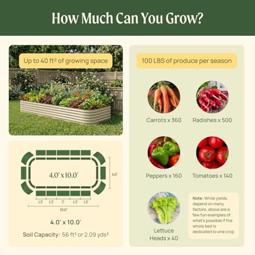Vego garden 17" Tall 4' x 10' Giant Modular Metal Raised Garden Bed Kit, A King Sized Garden Bed for Vegetables, Flowers, Herbs, Olive Green - color: Olive Green, size: 4' x 10'