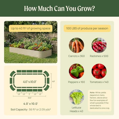 Vego garden 17" Tall 4' x 10' Giant Modular Metal Raised Garden Bed Kit, A King Sized Garden Bed for Vegetables, Flowers, Herbs, Pearl White - color: Pearl White, size: 4' x 10'