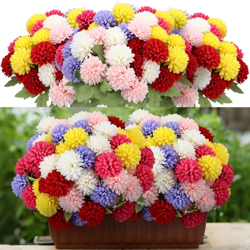 XunYee 12 Pcs Fall Artificial Flowers for Outdoor Faux Mums,Vivid Color - color: Vivid