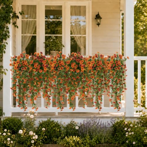 2 Pcs Fall Mums Artificial Flowers Outdoor, 29.5 Inch Fake Hanging Flowers