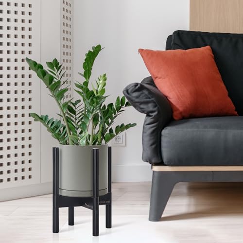 D'vine Dev Ceramic Pot with Ebony Wood Stand, Grey, 8 in, 55-B-M-3 - color: Grey Pot + Ebony Stand, size: 8 Inch