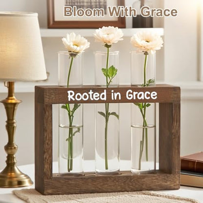 Rooted in Grace Propagation Station – Wooden Plant Holder with 3 Glass Vases, Indoor Rooting Station for Cuttings, Christian-Inspired Gift for Women, Birthday, Housewarming, Plant Lover Décor - size: 3 Glass Vases