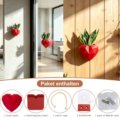Heart-Shaped Wall Planter, Self-Watering Pot for Indoor Plants - color: Red