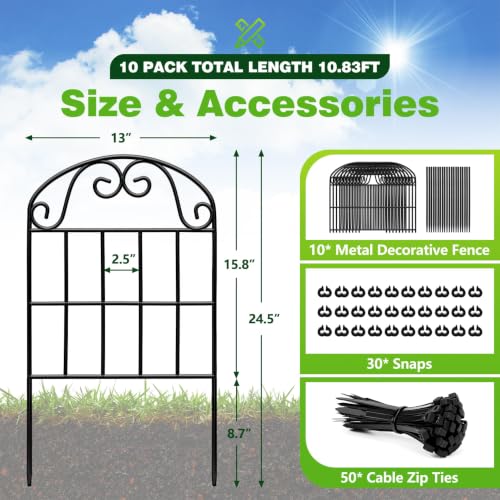 24.5in(H) x10.8ft(L) Garden Fence Animal Barrier, 10 Pack Tall Decorative Metal Fencing Panel, Arched Black Fence for Dog, Yard, Patio Outdoor Decor - size: 10 Pack, 10.8ft(L) x 24.5in(H)