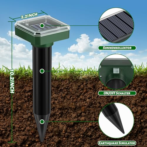 Mole Repellent Solar Powered 10 Pack,Upgraded Ultrasonic Gopher & Vole Deterrent, IP44 Waterproof Snake Repeller, Solar Sonic Spikes for Pest Control in Large Lawns Gardens & Farms