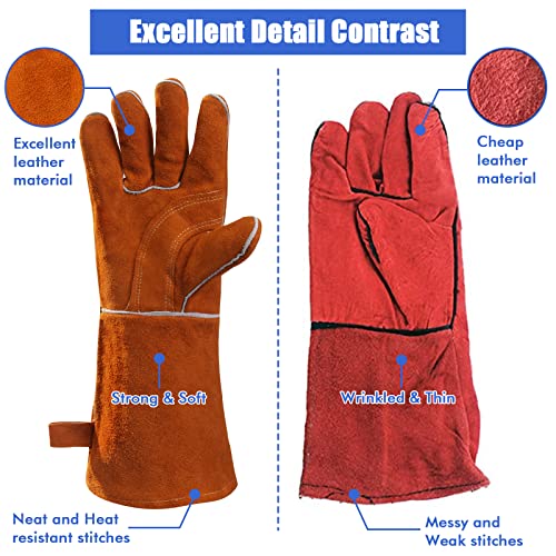 QeeLink Welding Gloves for Men - Fireproof Leather and Stitching - color: Brown (16-inch)