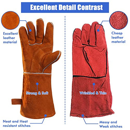 QeeLink Welding Gloves for Men - Fireproof Leather and Stitching - color: Brown (16-inch)