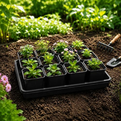 5 Pack Plastic Seed Starter Tray with 60pcs 3.5 inch Nursery Pots - size: Thick Trays+Square Pots-5P