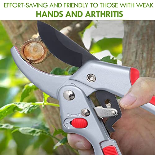 Garden clippers, premium Germany pruners, Work 3 times easier, professional ratchet pruning shears, cutting rose, flower, hedge, stem, tree, Sharp gardening scissors, Arthritis weak hand snips - color: Red/Silver