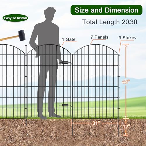 Metal Garden Fence with Gate 48 in x 20.3 ft, No-Dig Outdoor Dog Fence - size: 48"Hx20.3ft (Gate+7Panels)
