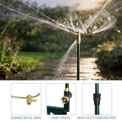 LIULO TOOL 2 Pack 3-Arm Garden Sprinkler, High-Rise Lawn Sprinkler with Adjustable Telescoping Rod and Spike Base, 360 Degree Rotation Irrigation Tool for Large Area Yard Lawn Garden