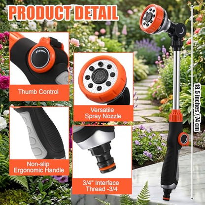 Hushee 2 Pack 18.5" Metal Watering Wand, 180° Swivel Garden Hose Nozzle with 8 Spray Patterns, Water Hose Wand with Thumb Control, Heavy Duty Sprayer Nozzle for Hanging Baskets Shrubs Plants Car