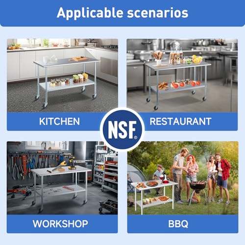 ROCKPOINT Stainless Steel Table for Prep & Work with Backsplash 24x48 Inches, NSF Metal Commercial Kitchen Heavy Duty Table with Adjustable Under Shelf and Table Foot for Restaurant, Home and Hotel - size: 24x48inch, style: with Backsplash
