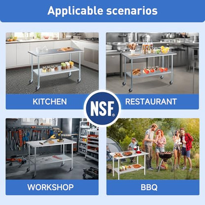 ROCKPOINT Stainless Steel Table for Prep & Work with Backsplash 24x48 Inches, NSF Metal Commercial Kitchen Heavy Duty Table with Adjustable Under Shelf and Table Foot for Restaurant, Home and Hotel - size: 24x48inch, style: with Backsplash