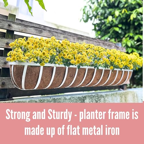 LaLaGreen Window Planter Boxes (48 Inch, 2 Pack) Deck Railing Flower Box with Coco Liner, White Metal Rectangular Wall Planters for Outdoor Plants Fence Balcony Horse Trough Garden Herb Patio Porch - size: 48 Inch (2 Pack)