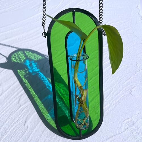 LITMIND Stained Glass Hydroponic Plants Propagation Station, Hanging Planter Terrarium - Perfect for Home & Garden Decor, Includes 2 Glass Propagation Tube - color: Style B01 (Cool Meadow)
