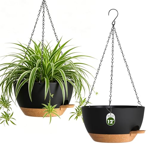 12 Inch Large Self Watering Hanging Planters 2 Pack with Saucers - color: Black Brown, size: 12 Inch 2 Pack
