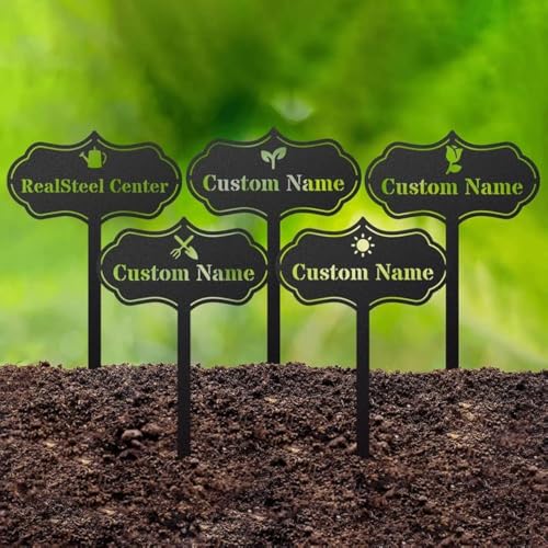 RealSteel Custom Seed & Plant Markers – Metal Garden Stakes for Herbs, Fruits & Vegetables | Elegant Steel Plant Labels for Pots, Raised Beds & Outdoor Gardens | Farmhouse & Greenhouse | Sprout Icon - style: Sprout