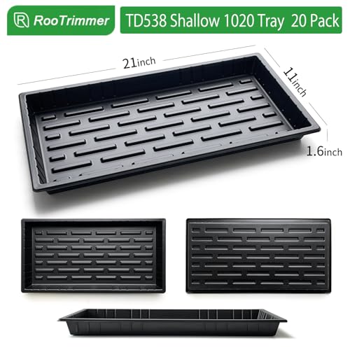 RooTrimmer 20 Pack Shallow 1020 Trays No Holes, Heavy Duty Reusable Seed Starter Flat Seedling Tray for 72/128 Cell Plug Tray, Transplant, Microgreen & Seed Germination (21"×11", 1.6" Deep, TD538) - size: TD538-20P-Black