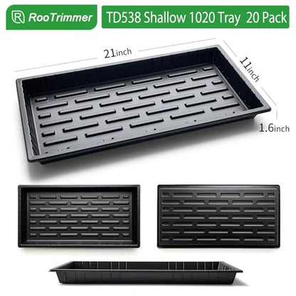 RooTrimmer 20 Pack Shallow 1020 Trays No Holes, Heavy Duty Reusable Seed Starter Flat Seedling Tray for 72/128 Cell Plug Tray, Transplant, Microgreen & Seed Germination (21"×11", 1.6" Deep, TD538) - size: TD538-20P-Black