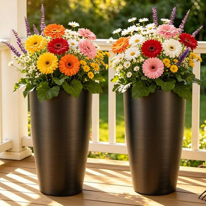 Autodaya 22.8" Tall Outdoor Planters Set of 2, Faux Brushed Steel Finish - color: Metallic Brushed Black-21.8"h