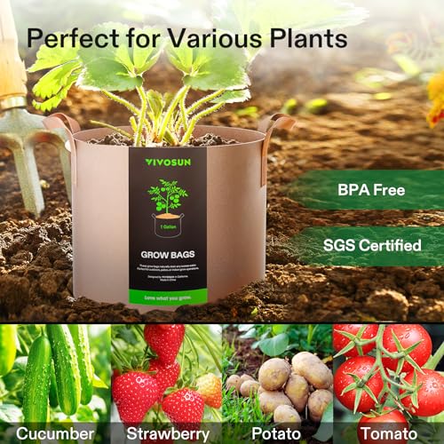 VIVOSUN 5-Pack 1 Gallon Plant Grow Bags Fabric Pots with Handles - color: Tan, size: 1 Gallon