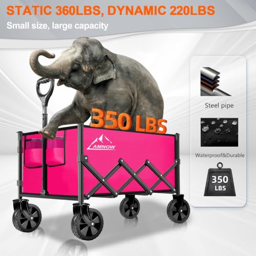 AMNOW 100L Collapsible Wagon Cart with All Terrain Wheels, 350LBS, Rose - color: Rose-3