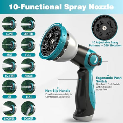 75FT Garden Hose, Kink-Free Non-Expandable Flexible Water Hose with 10-Pattern Spray Nozzle, Lightweight Leakproof Flat Hose with 3/4” Solid Brass Connector for Yard, Lawn & Outdoor Use - size: 75FT