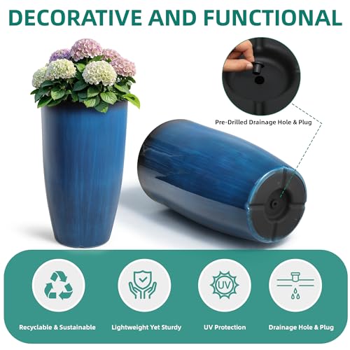 Autodaya 24" Large Tall Outdoor Planters Set of 2, Faux Ceramic Flower Pots - color: 24"h-gradient Cobalt Blue