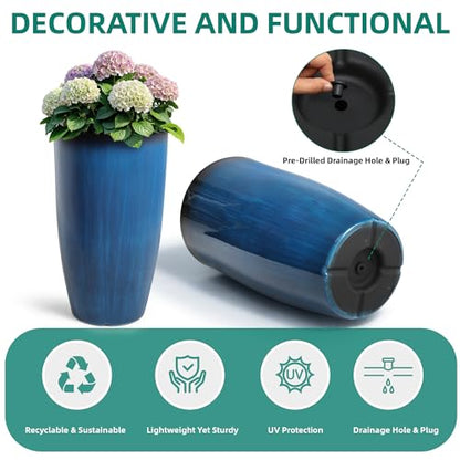 Autodaya 24" Large Tall Outdoor Planters Set of 2, Faux Ceramic Flower Pots - color: 24"h-gradient Cobalt Blue