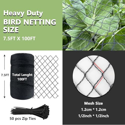 Bird Netting 7.5x100 FT, 1/2" Mesh Heavy Duty Garden Netting - size: 7.5' x 100'