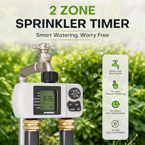 2 Zone Sprinkler Timer, Programmable Digital Water Timer with Rain Delay, Waterproof, Automatic and Manual Irrigation Controller for Garden Hose, Lawn, Yard