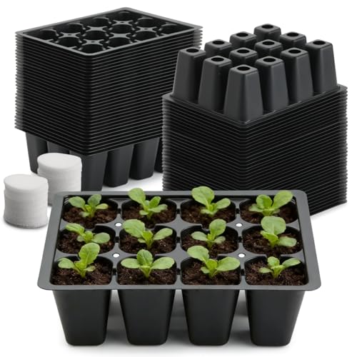RooTrimmer 60 Pack Reusable 12-Cell Seed Starter Tray with Large Drain Hole - color: Black, size: 12 Cells-60P